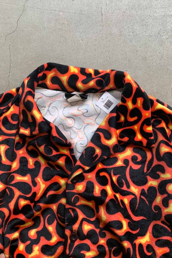 MADE IN USA 90'S S/S OPEN COLLAR FLAME DESIGN VELOR SHIRT / BLACK / RED [SIZE: L USED]