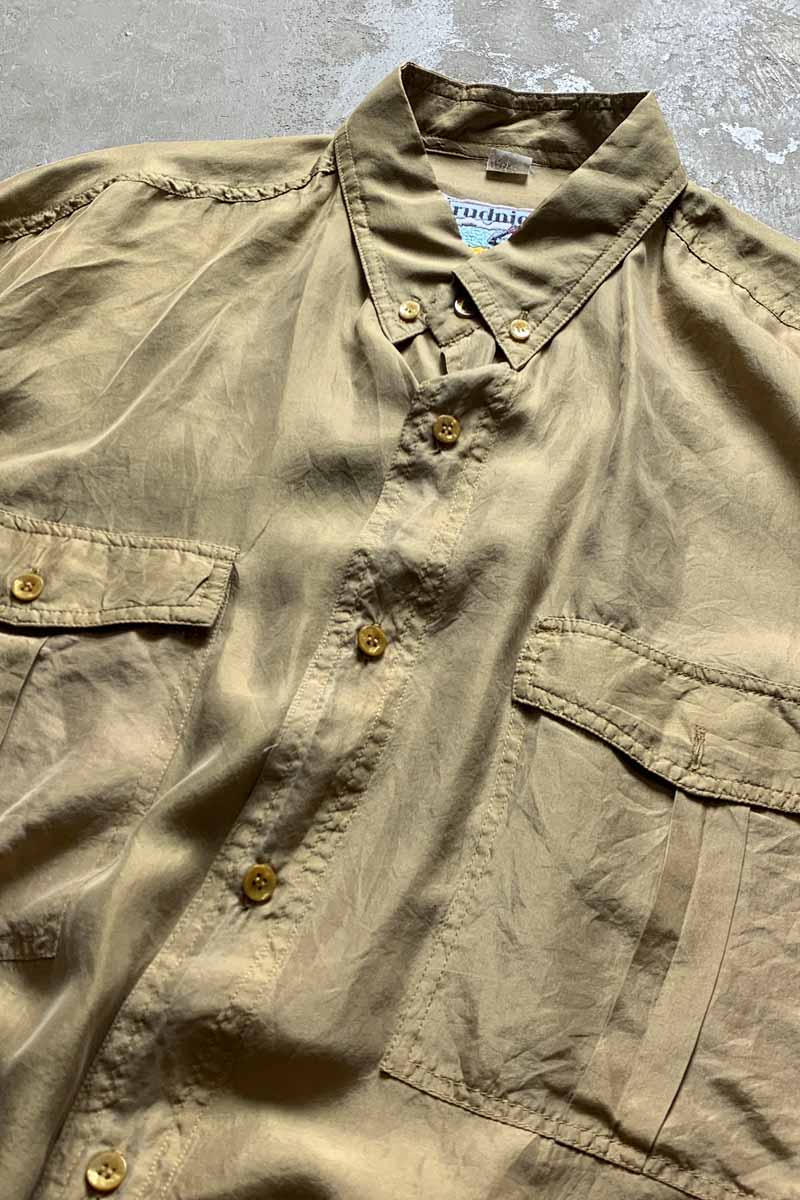 90'S L/S SWITCHING SLEEVE SILK SHIRT / BEIGE [SIZE: XL USED]