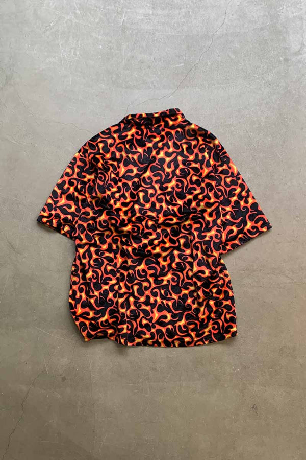 MADE IN USA 90'S S/S OPEN COLLAR FLAME DESIGN VELOR SHIRT / BLACK / RED [SIZE: L USED]
