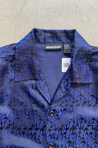 01'S S/S OPEN COLLAR FLAME DESIGN RAYON NYLON SHIRT / BLUE / BLACK [SIZE: M USED]