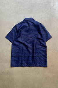 01'S S/S OPEN COLLAR FLAME DESIGN RAYON NYLON SHIRT / BLUE / BLACK [SIZE: M USED]