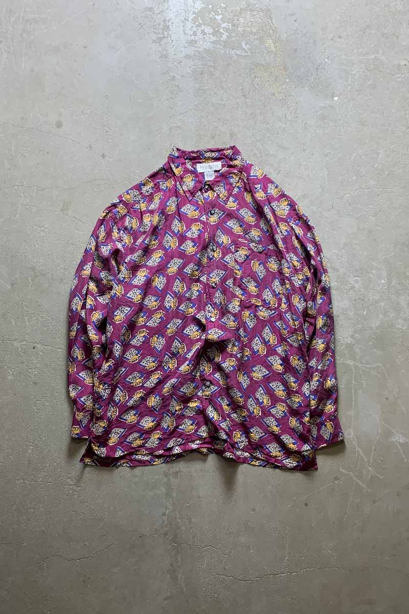 90'S L/S PATTERN SILK SHIRT / PURPLE [SIZE: L USED]