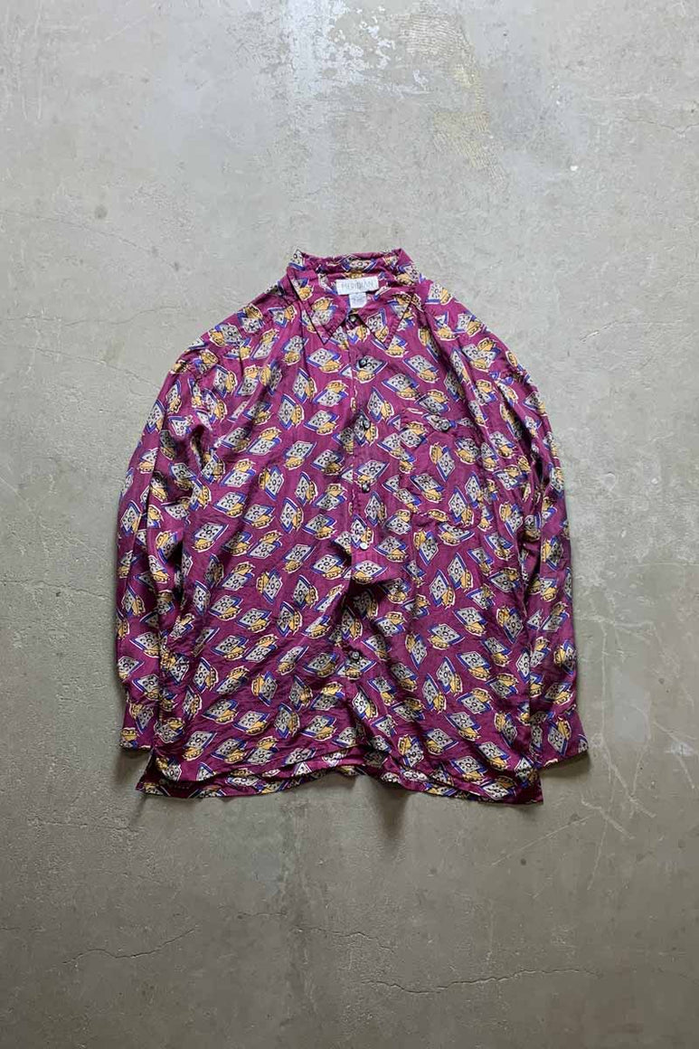 90'S L/S PATTERN SILK SHIRT / PURPLE [SIZE: L USED]