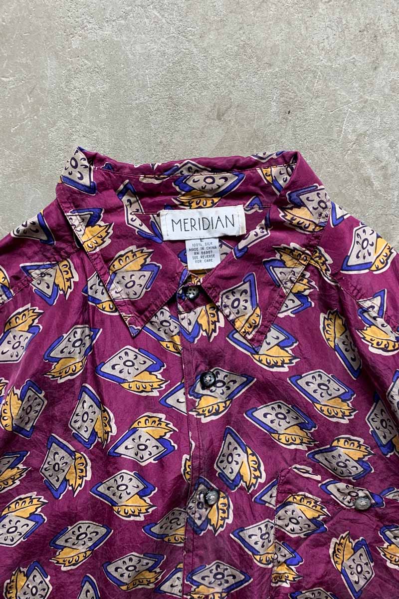 90'S L/S PATTERN SILK SHIRT / PURPLE [SIZE: L USED]