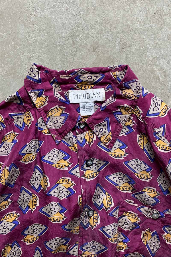90'S L/S PATTERN SILK SHIRT / PURPLE [SIZE: L USED]