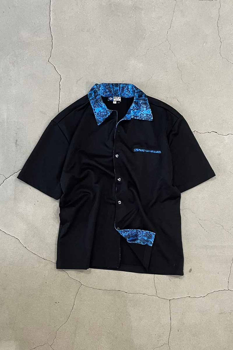 MADE IN USA 90'S S/S LEOPARD VELOR COLLAR BOWLING SHIRT / BLACK / BLUE [SIZE: L USED]