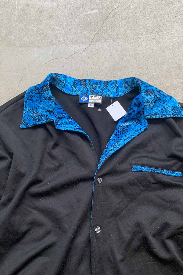 MADE IN USA 90'S S/S LEOPARD VELOUR COLLAR BOWLING SHIRT / BLACK / BLUE [SIZE: L USED]