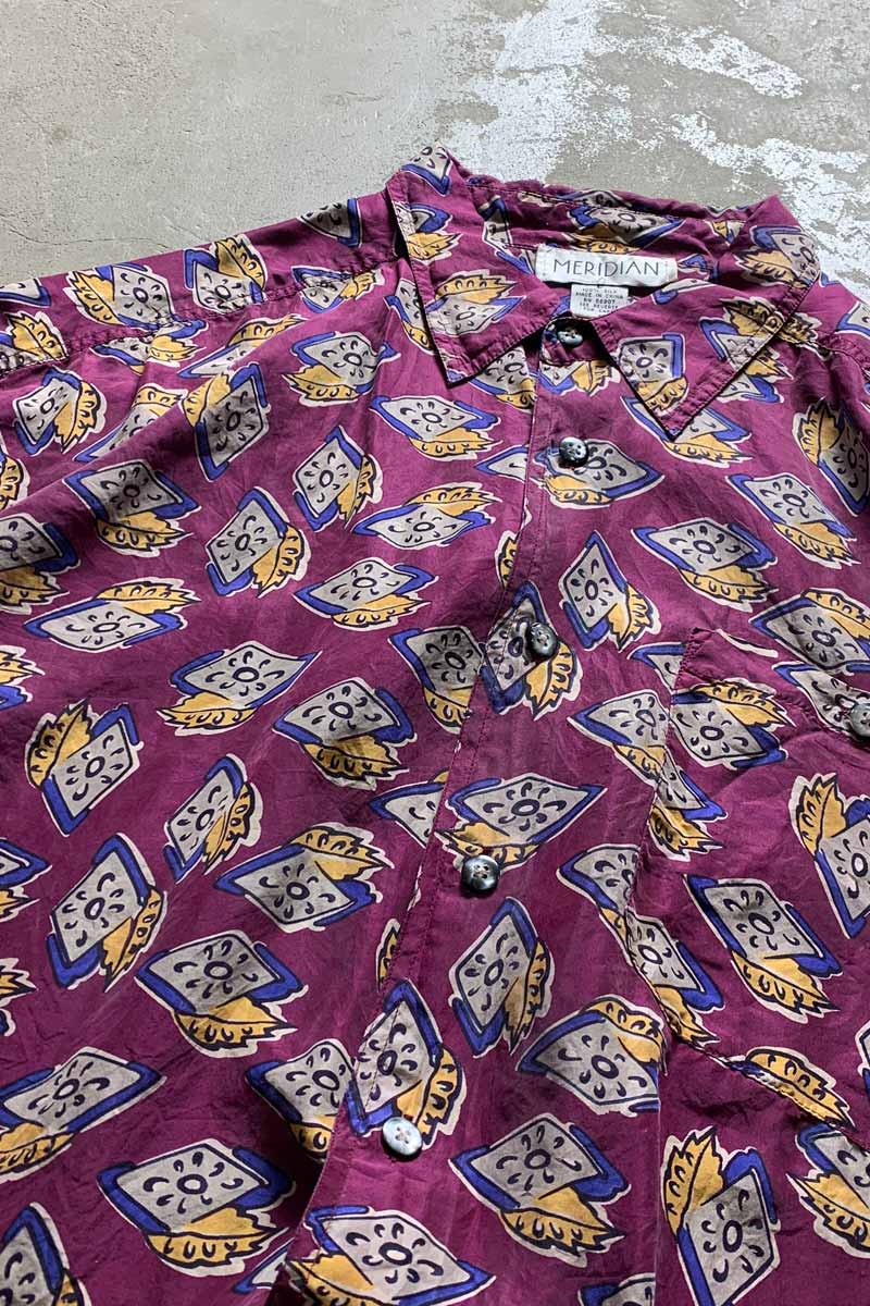 90'S L/S PATTERN SILK SHIRT / PURPLE [SIZE: L USED]