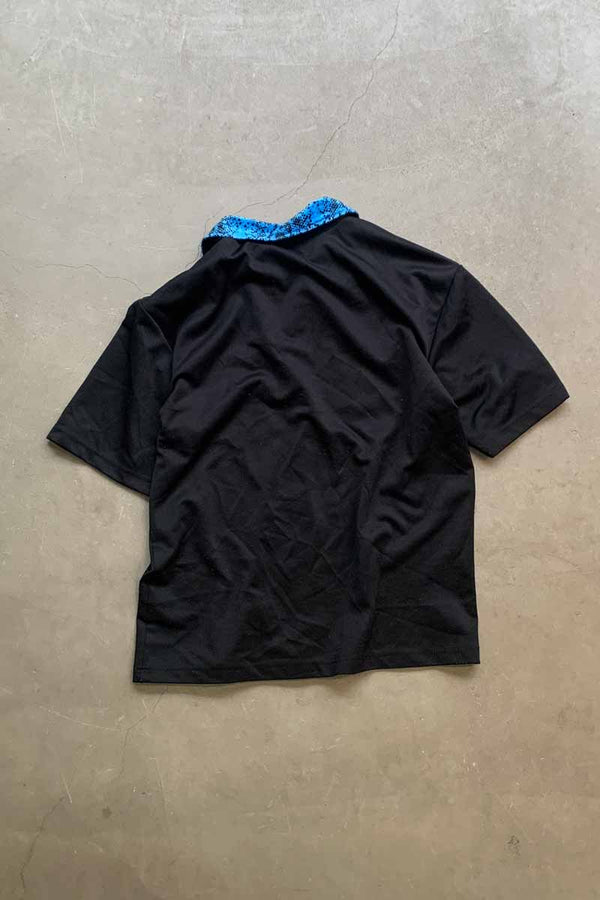 MADE IN USA 90'S S/S LEOPARD VELOUR COLLAR BOWLING SHIRT / BLACK / BLUE [SIZE: L USED]