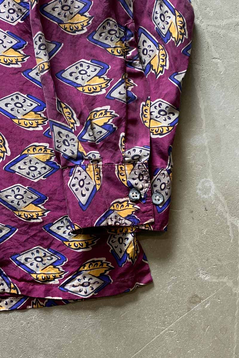 90'S L/S PATTERN SILK SHIRT / PURPLE [SIZE: L USED]