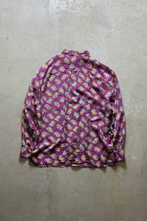 90'S L/S PATTERN SILK SHIRT / PURPLE [SIZE: L USED]