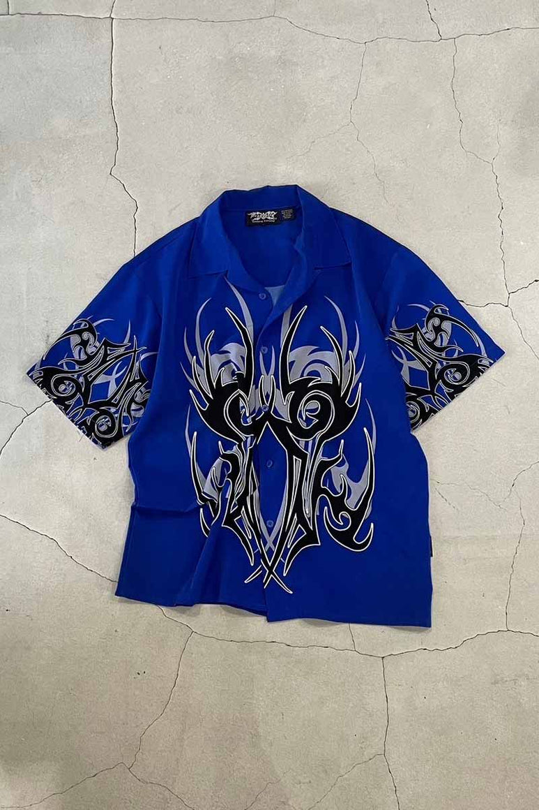 90'S S/S OPEN COLLAR DESIGN POLY SHIRT / BLUE [SIZE: XL USED]