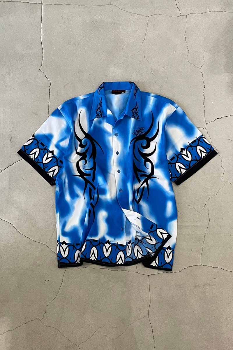 90'S S/S OPEN COLLAR DESIGN POLY SHIRT / BLUE [SIZE: XL USED]