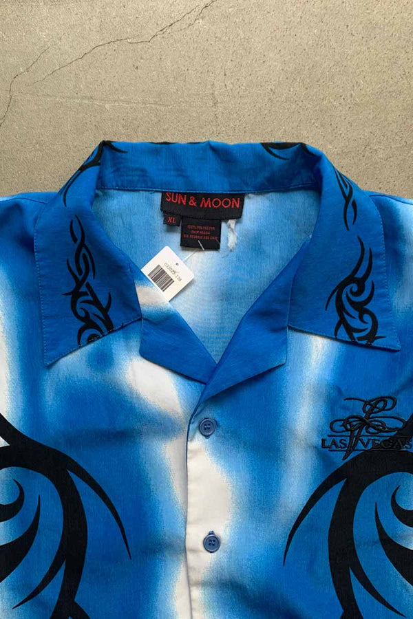 90'S S/S OPEN COLLAR DESIGN POLY SHIRT / BLUE [SIZE: XL USED]