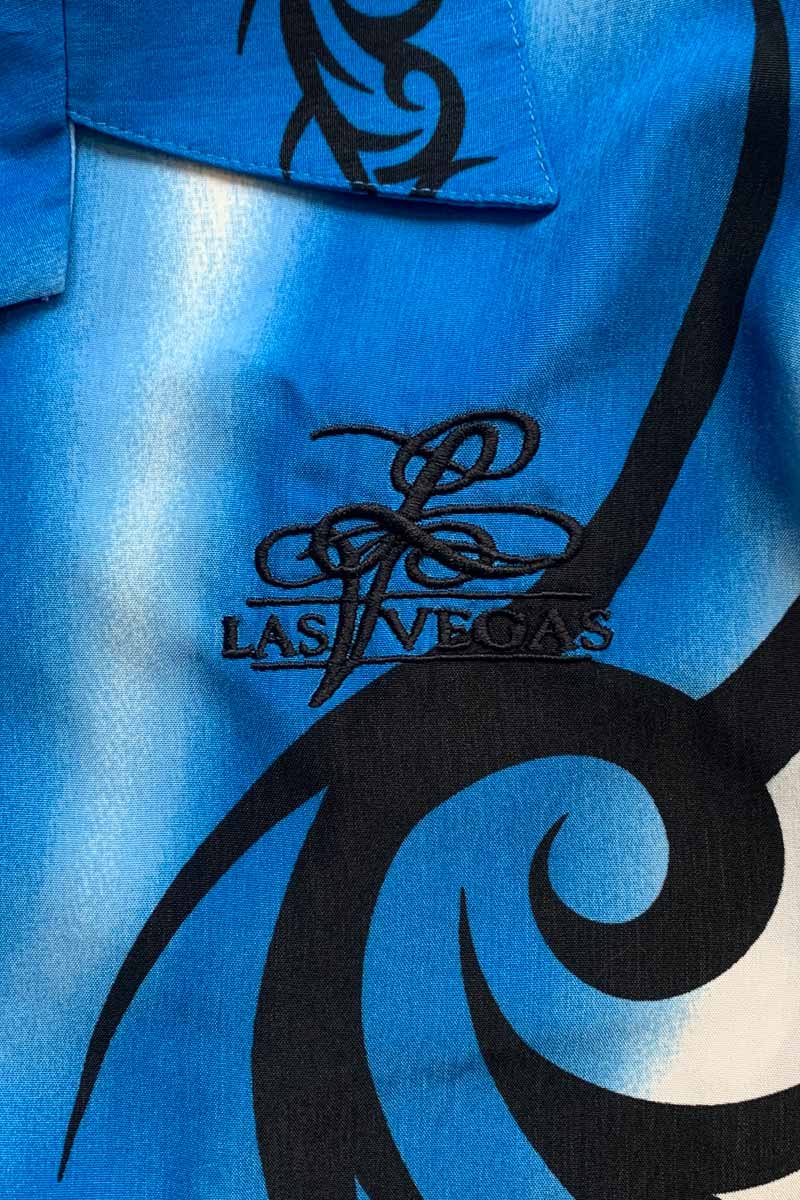 90'S S/S OPEN COLLAR DESIGN POLY SHIRT / BLUE [SIZE: XL USED]