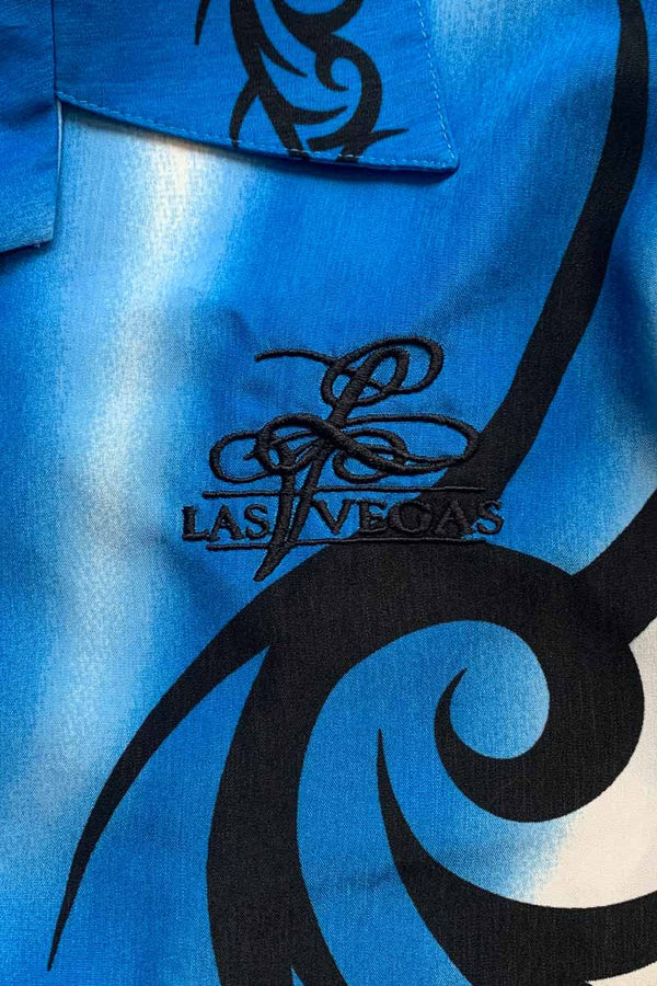 90'S S/S OPEN COLLAR DESIGN POLY SHIRT / BLUE [SIZE: XL USED]