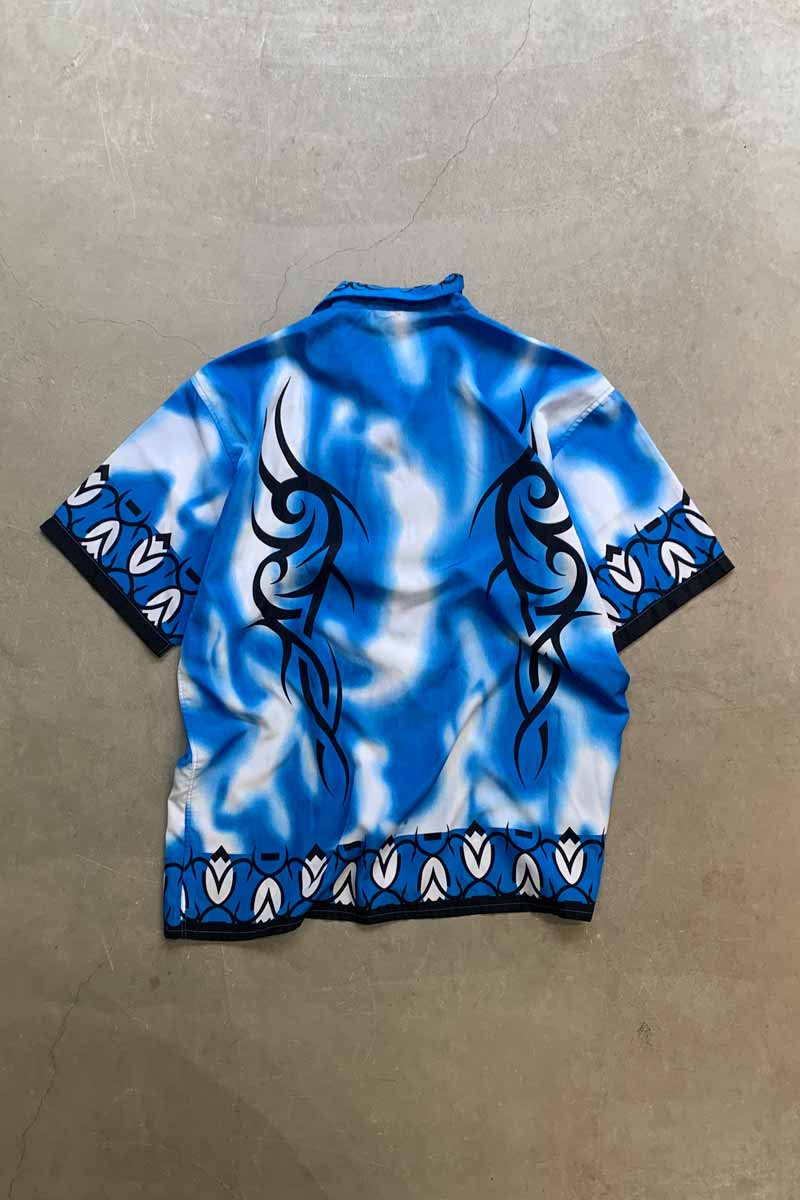 90'S S/S OPEN COLLAR DESIGN POLY SHIRT / BLUE [SIZE: XL USED]