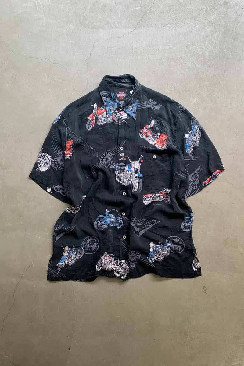 90'S S/S MOTORCYCLE DESIGN SILK SHIRT / BLACK [SIZE: L USED]