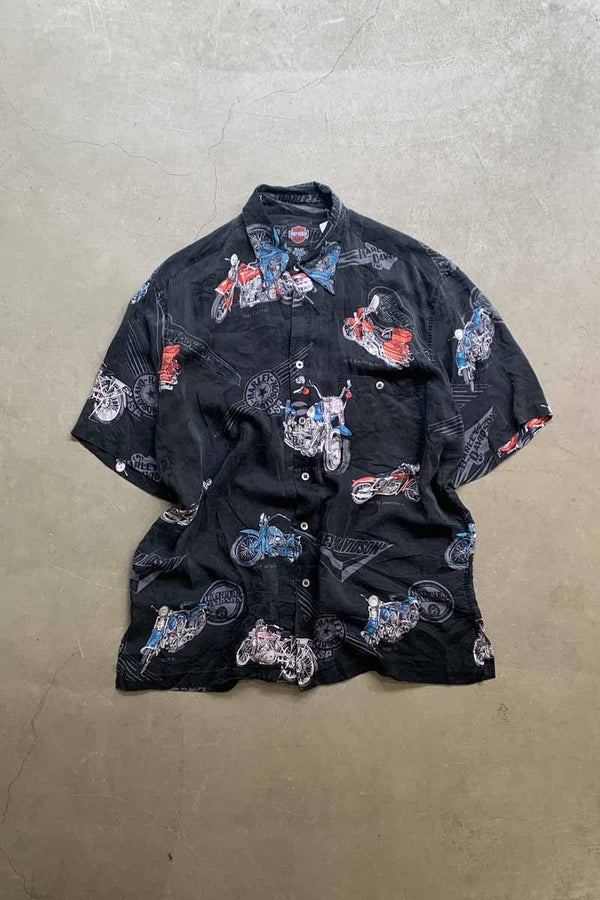 90'S S/S MOTORCYCLE DESIGN SILK SHIRT / BLACK [SIZE: L USED]