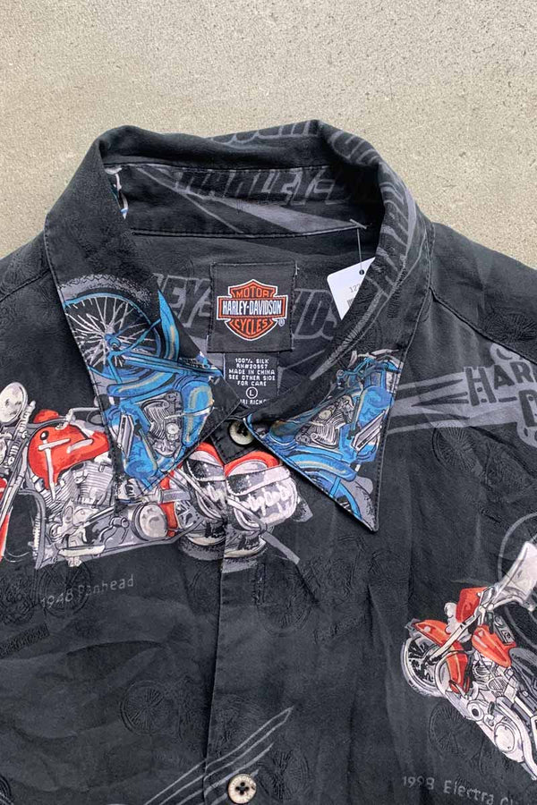 90'S S/S MOTORCYCLE DESIGN SILK SHIRT / BLACK [SIZE: L USED]