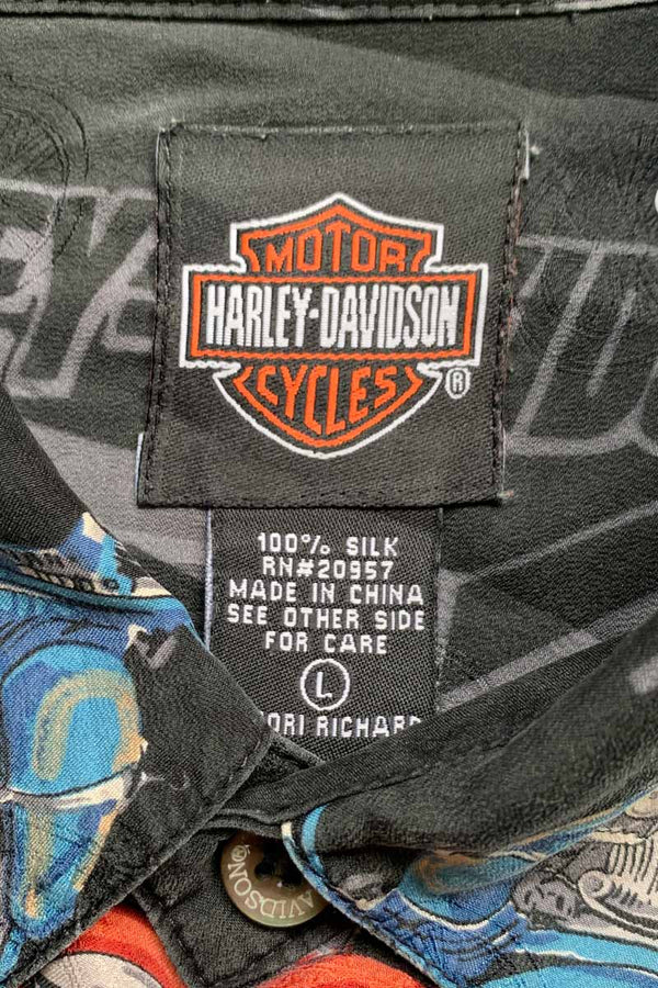 90'S S/S MOTORCYCLE DESIGN SILK SHIRT / BLACK [SIZE: L USED]