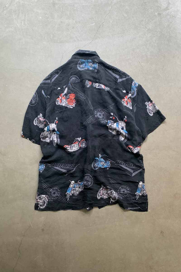 90'S S/S MOTORCYCLE DESIGN SILK SHIRT / BLACK [SIZE: L USED]