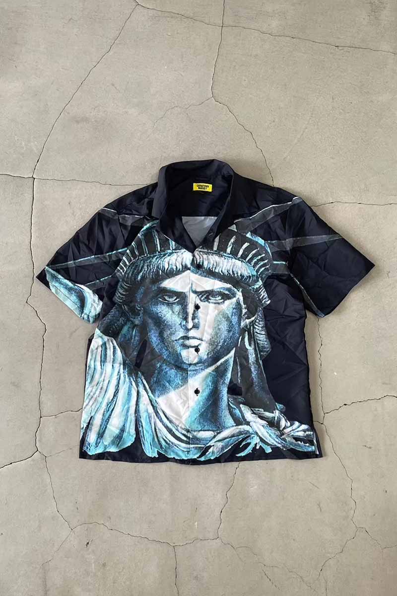 S/S OPEN COLLAR STATUE OF LIBERTY PRINT POLY SHIRT / BLACK [SIZE: M USED]