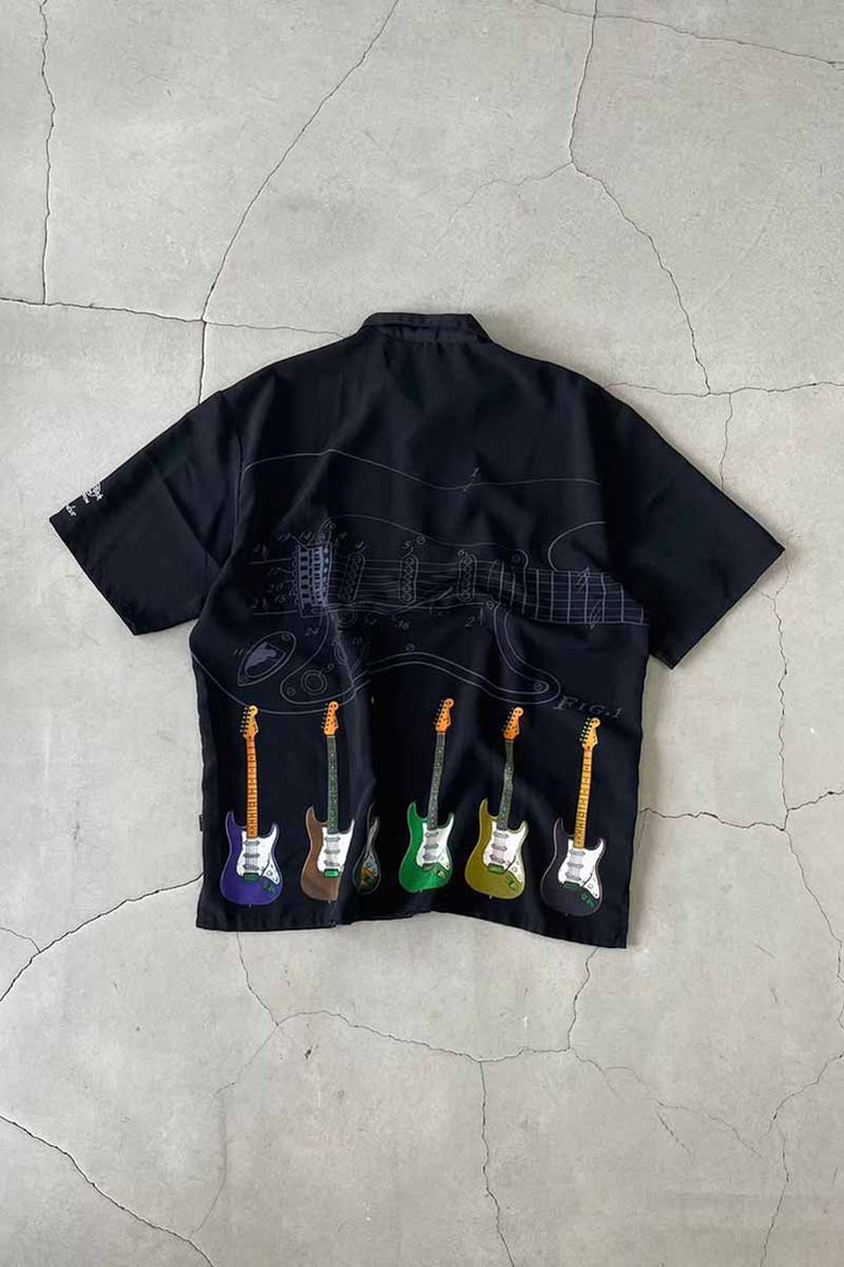 S/S OPEN COLLAR MUSIC POLY SHIRT / BLACK [SIZE: L USED]