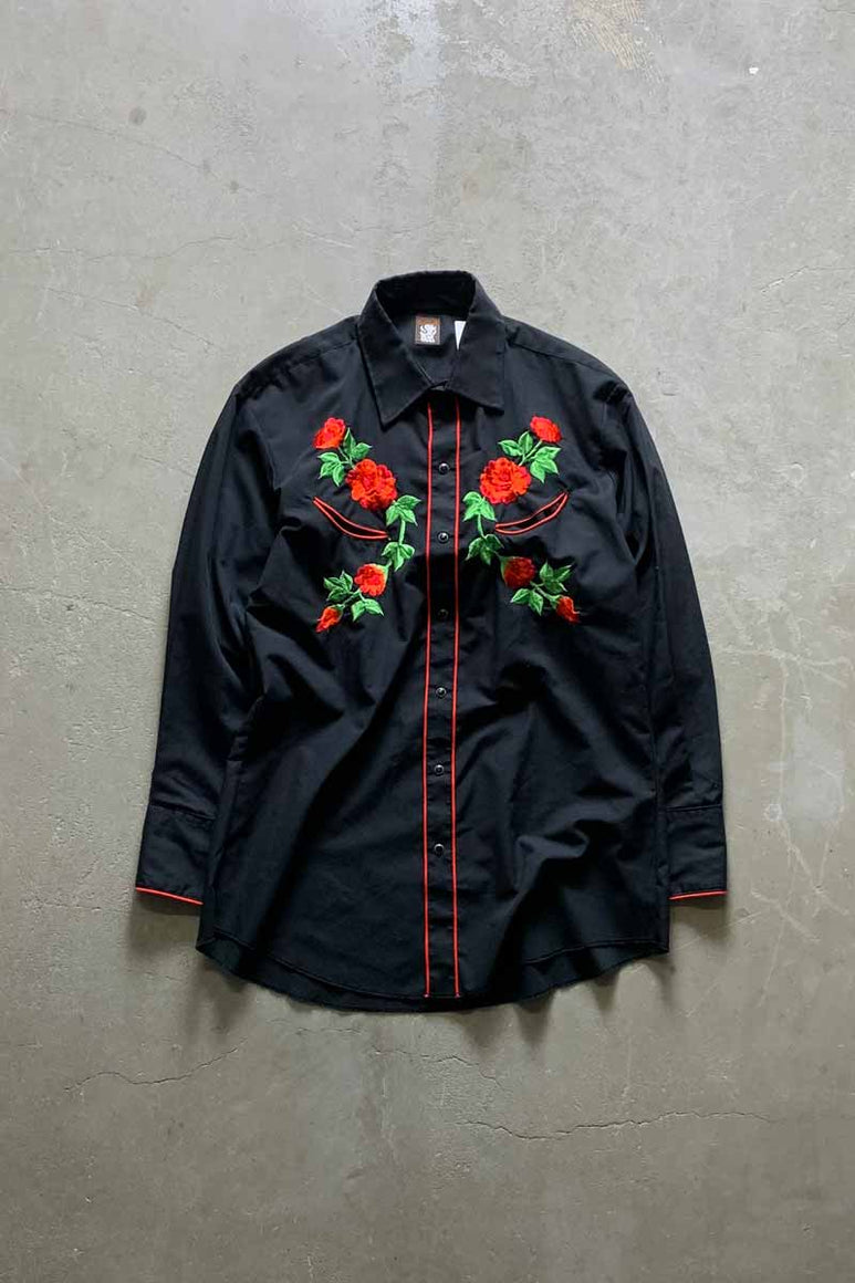 80'S L/S FLOWER EMBROIDERY WESTERN SHIRT / BLACK [SIZE: L USED]