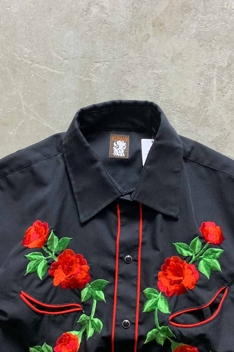 80'S L/S FLOWER EMBROIDERY WESTERN SHIRT / BLACK [SIZE: L USED]