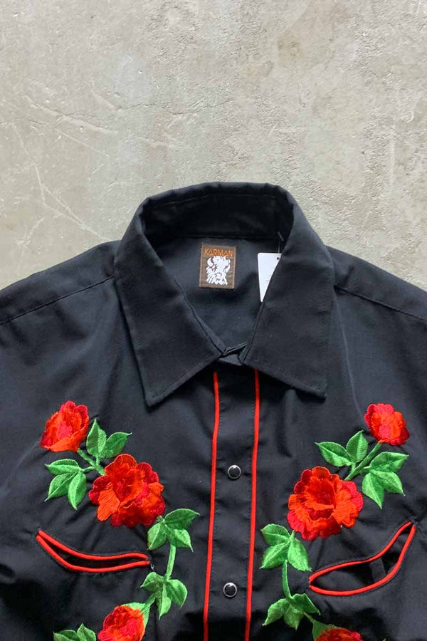 80'S L/S FLOWER EMBROIDERY WESTERN SHIRT / BLACK [SIZE: L USED]