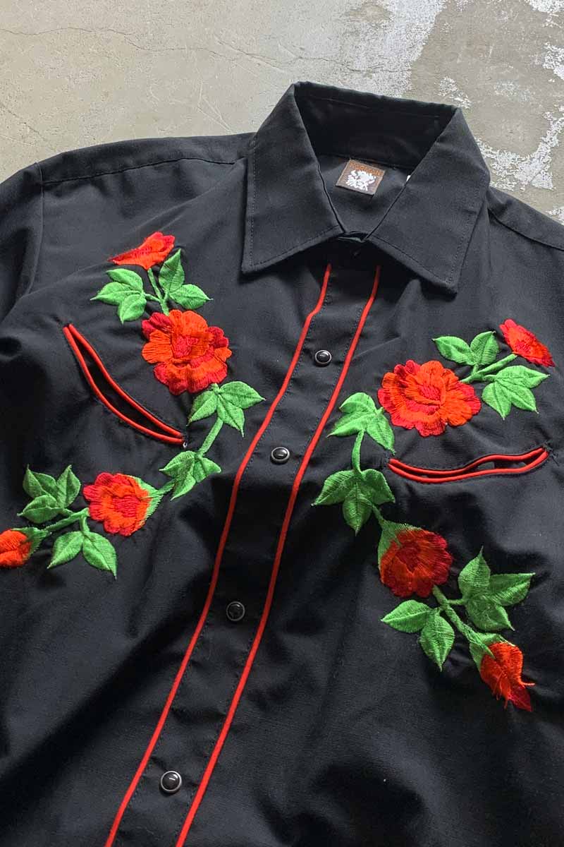80'S L/S FLOWER EMBROIDERY WESTERN SHIRT / BLACK [SIZE: L USED]