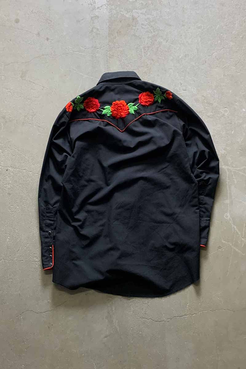 80'S L/S FLOWER EMBROIDERY WESTERN SHIRT / BLACK [SIZE: L USED]