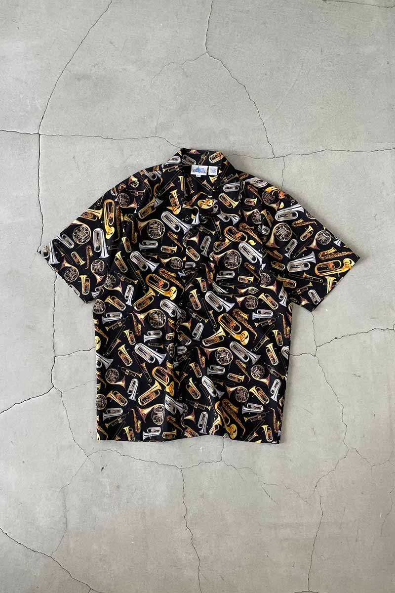 90'S S/S OPEN COLLAR INSTRUMENT DESIGN POLY SHIRT / BLACK [SIZE: L USED]
