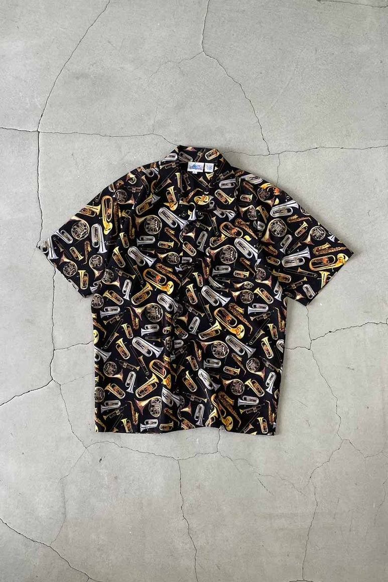 90'S S/S OPEN COLLAR INSTRUMENT DESIGN POLY SHIRT / BLACK [SIZE: L USED]