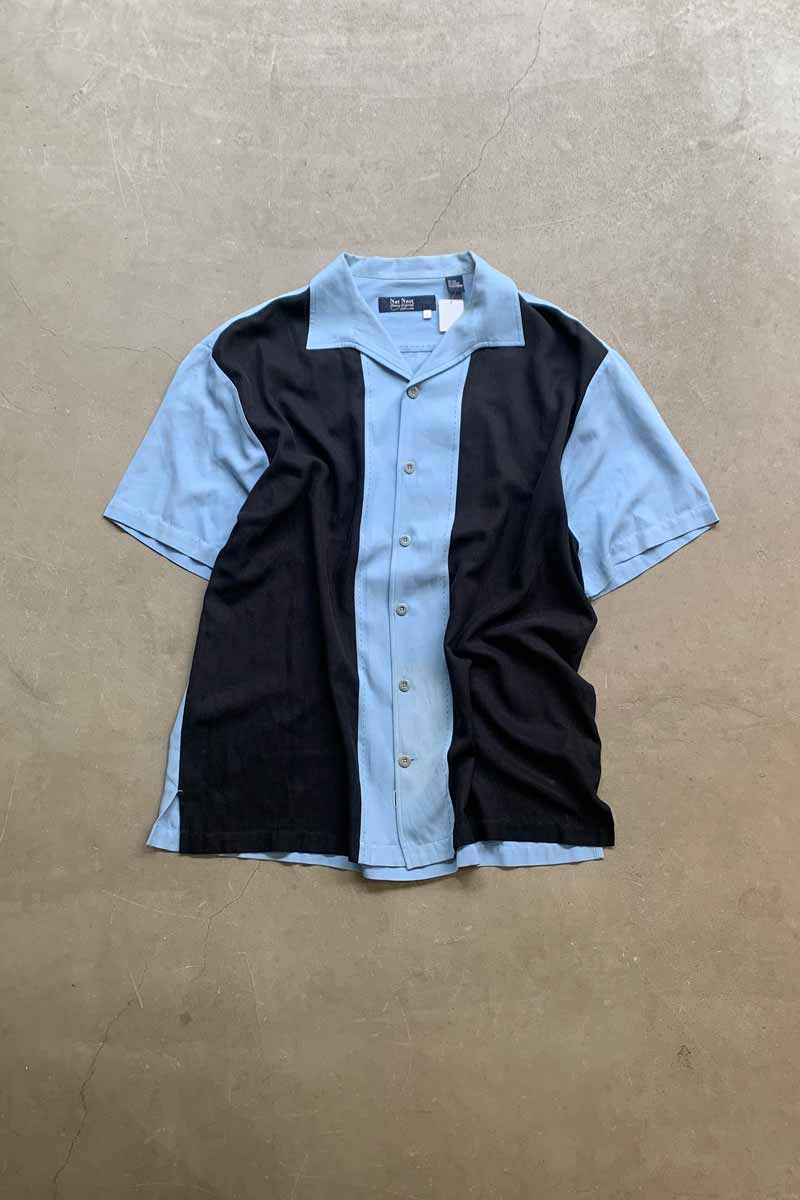 S/S TWO TONE LINE OPEN COLLAR SHIRT / BLUE / BLACK [SIZE: L USED]