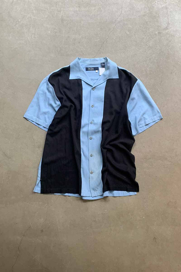 S/S TWO TONE LINE OPEN COLLAR SHIRT / BLUE / BLACK [SIZE: L USED]