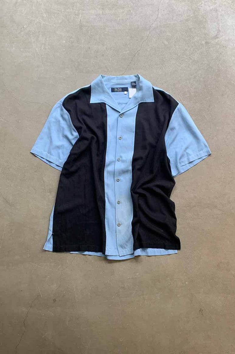 S/S TWO TONE LINE  OPEN COLLAR SHIRT / BLUE / BLACK [SIZE: L USED]