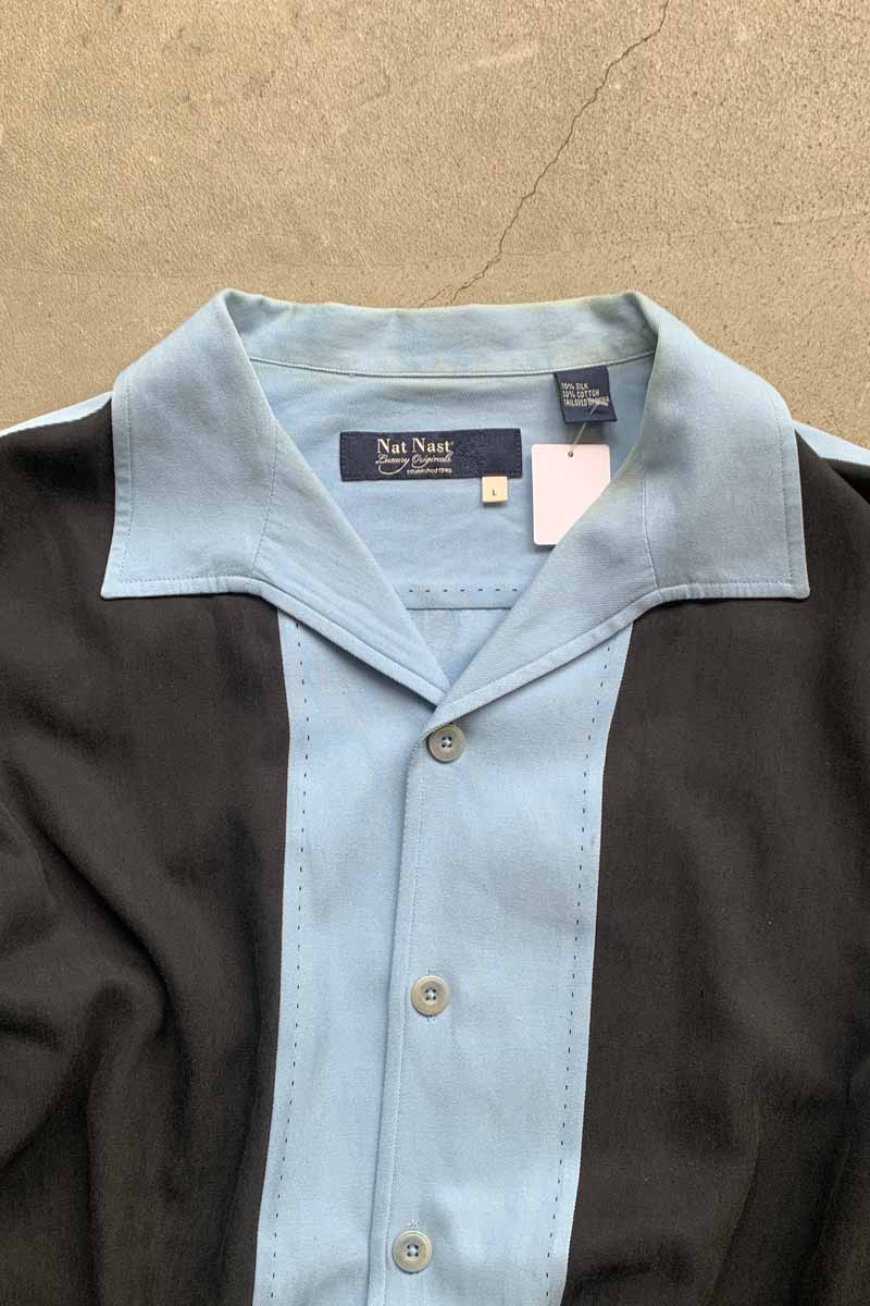 S/S TWO TONE LINE OPEN COLLAR SHIRT / BLUE / BLACK [SIZE: L USED]