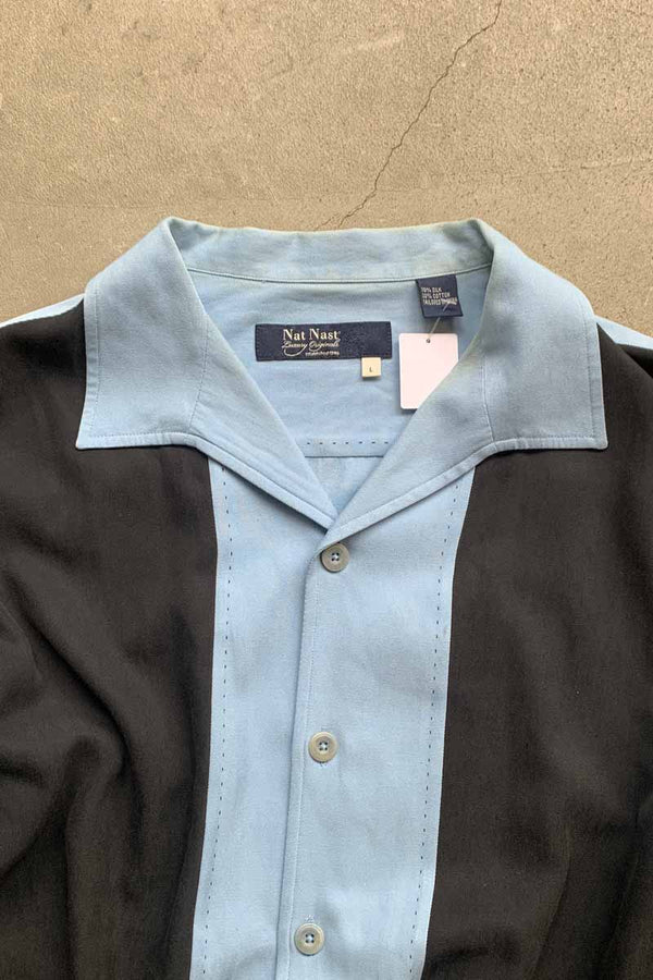 S/S TWO TONE LINE OPEN COLLAR SHIRT / BLUE / BLACK [SIZE: L USED]