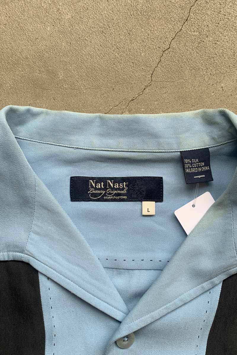 S/S TWO TONE LINE OPEN COLLAR SHIRT / BLUE / BLACK [SIZE: L USED]
