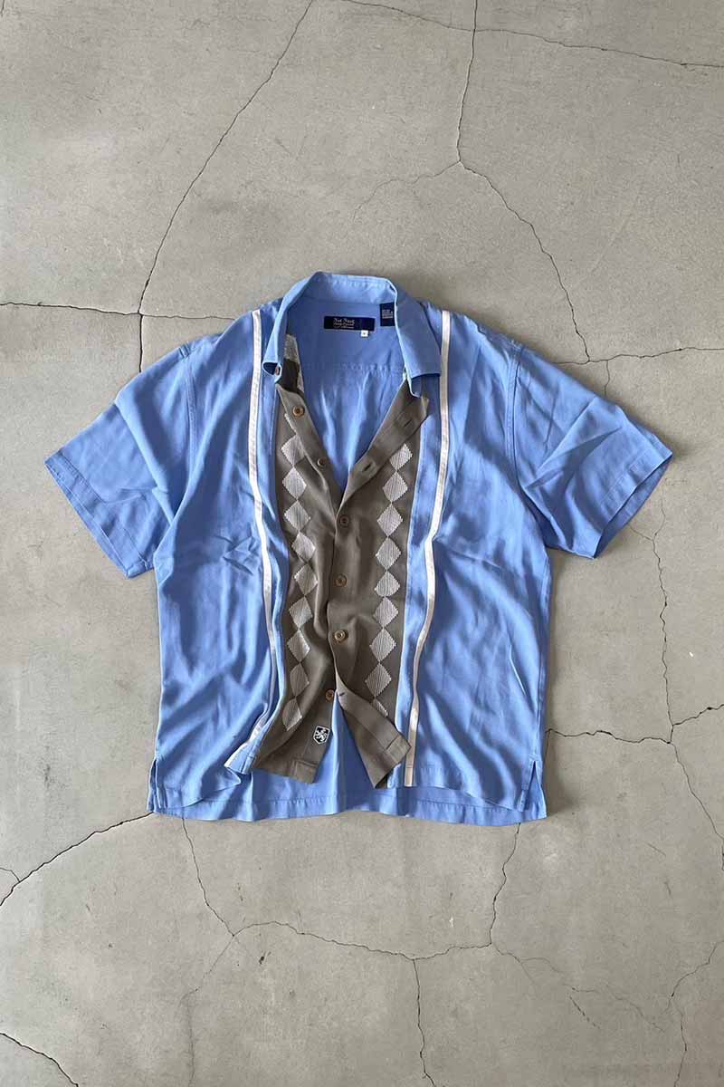 S/S TWO TONE DESIGN SILK SHIRT / BLUE [SIZE: L USED]