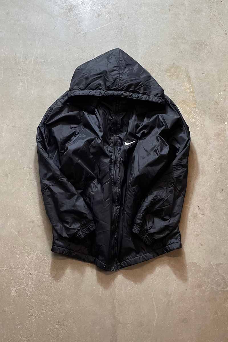 90s NYLON HOODIE JACKET W/FLEECE / BLACK [SIZE: L equivalent USED]
