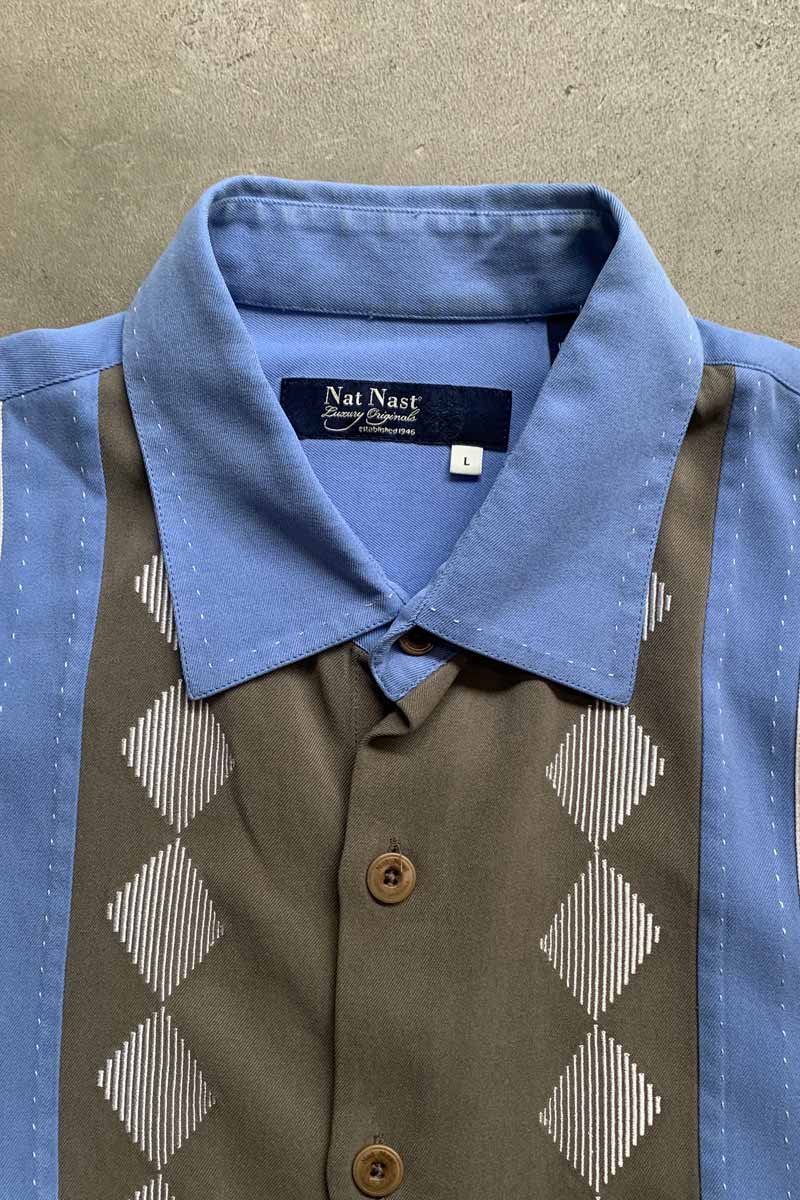 S/S TWO TONE DESIGN SILK SHIRT / BLUE [SIZE: L USED]
