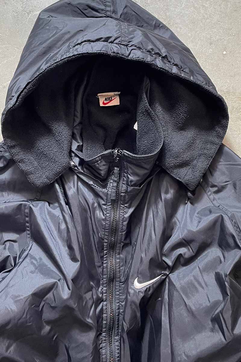 90s NYLON HOODIE JACKET W/FLEECE / BLACK [SIZE: L equivalent USED]