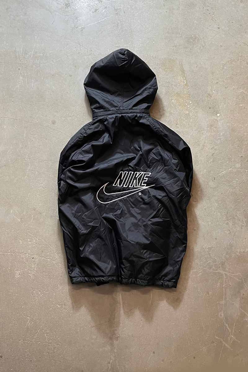90s NYLON HOODIE JACKET W/FLEECE / BLACK [SIZE: L equivalent USED]