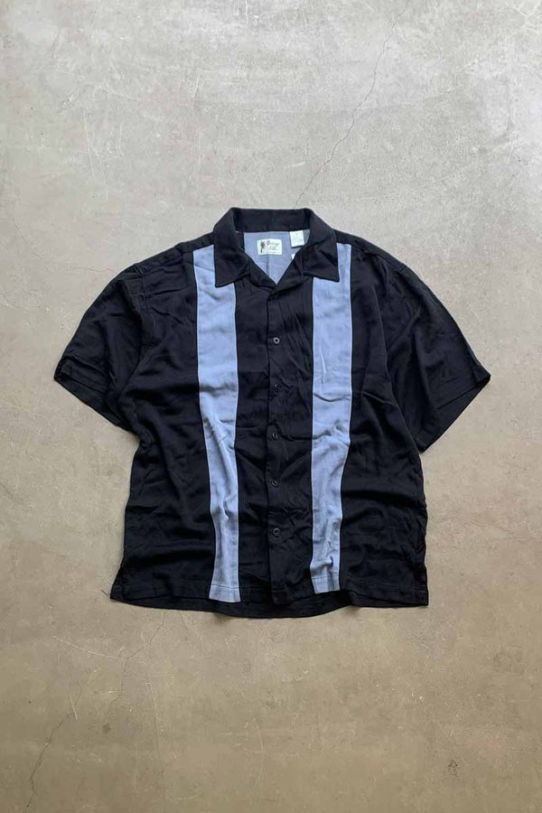 90'S S/S OPEN COLLAR TWO TORN SILK SHIRT / NAVY / BLUE [SIZE: XL USED]