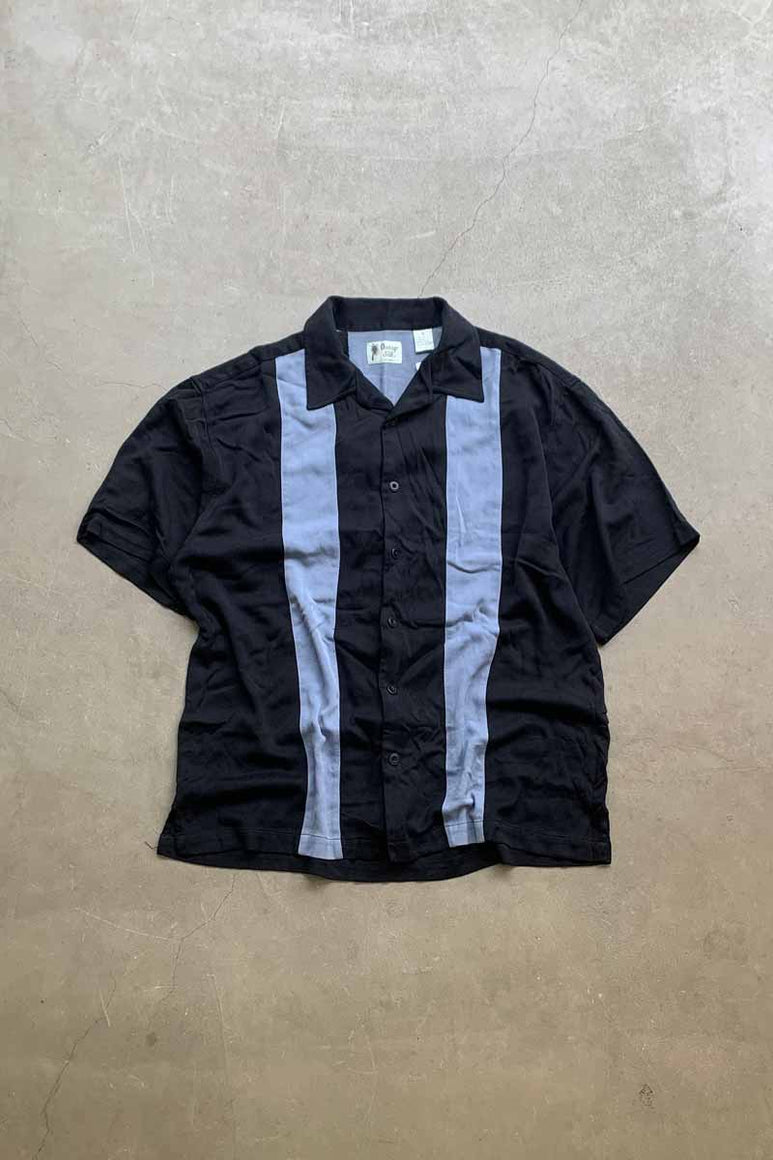 90'S S/S OPEN COLLAR TWO TORN SILK SHIRT / NAVY / BLUE [SIZE: XL USED]