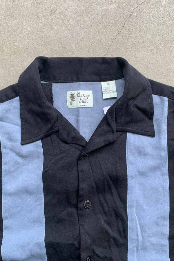 90'S S/S OPEN COLLAR TWO TORN SILK SHIRT / NAVY / BLUE [SIZE: XL USED]