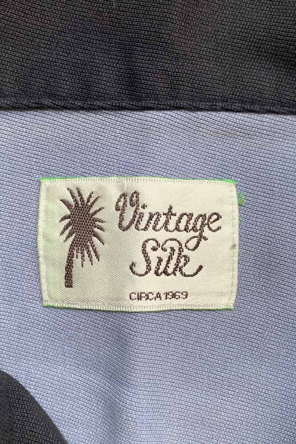90'S S/S OPEN COLLAR TWO TORN SILK SHIRT / NAVY / BLUE [SIZE: XL USED]